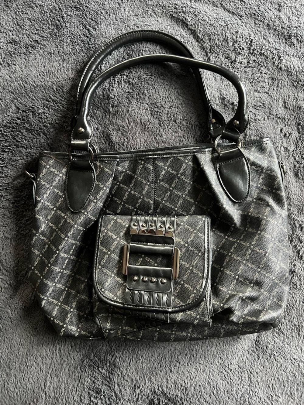 Black Patterned Shoulder Bag with Front Buckle Pocket